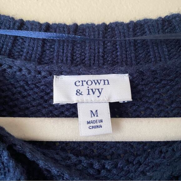 Crown & Ivy | Heart Pom Pom Crewneck Sweater Pullover Cozy Navy Blue Medium - Picture 4 of 5